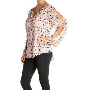 White House Black Market Pastel Print Split Sleeve Gold Threads Lined Top Size 8